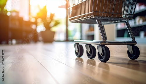 Shopping cart wheels on a shiny wooden floor with sunlight streaming through the window