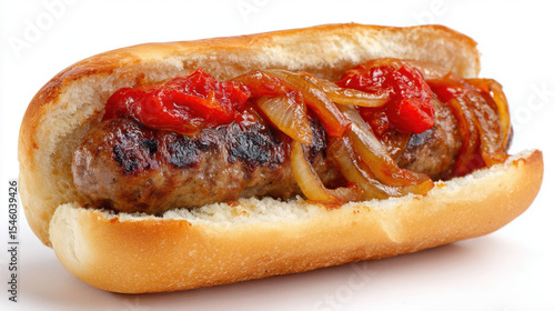 South African-style hot dog with boerewors, grilled onions, and tomato sauce in a roll, placed against a clean white background.