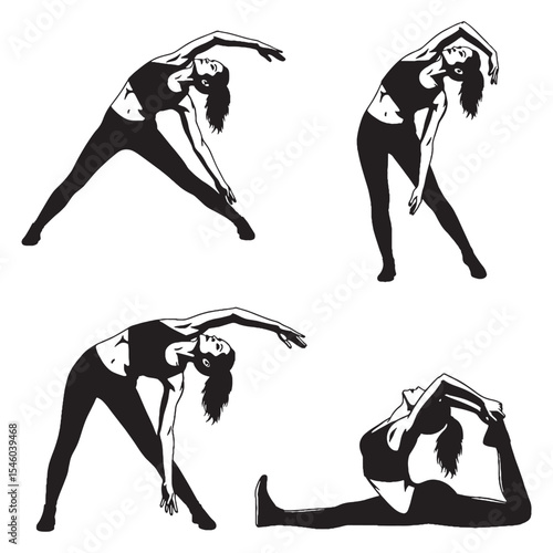 Dynamic woman stretching with powerful, flowing movements to warm up - woman stretching silhouette - woman stretching Vector - Silhouette of woman stretching

