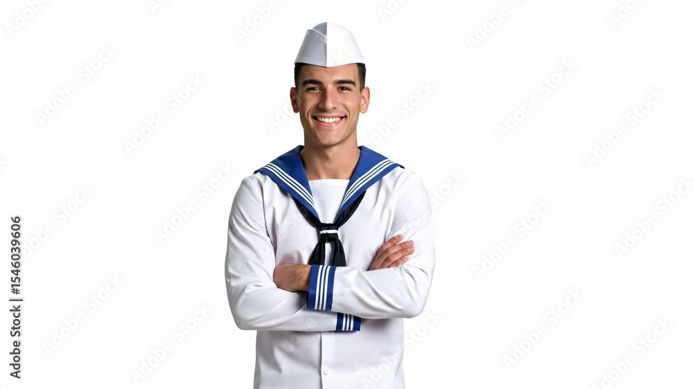 Sailor in white uniform with crossed arms smiles against a plain white backdrop Sailor in white uniform with crossed arms smiles against a plain white backdrop