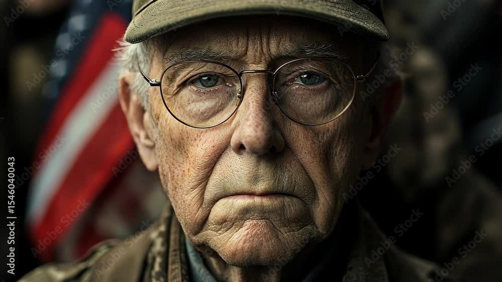Portrait of a solemn senior veteran, close-up, against a blurred American flag backdrop Portrait of a solemn senior veteran, close-up, against a blurred American flag backdrop