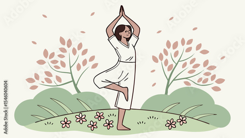 Illustration of a woman in a white dress doing yoga tree pose in a serene outdoor nature setting with trees
