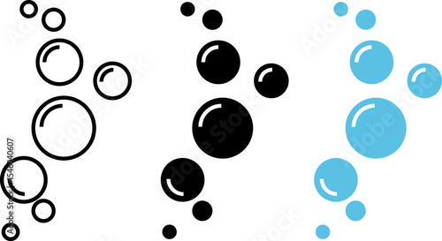 Soap bubbles icon set. Foam bubble symbol. Sparkling water. Fizzy soda drops sign. Oxygen sphere. Clean wash suds concept
