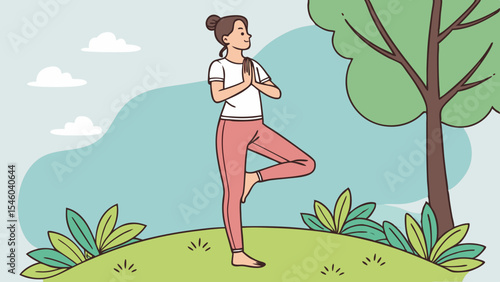 Illustration of a woman in tree pose yoga with hands in prayer position in a park with trees and clouds