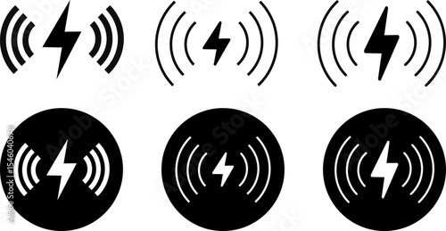 Wireless charging icon set. Glowing symbols with lightning bolts. Electromagnetic charger icons. Battery charge sign 
