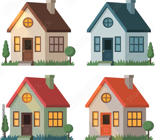 Four cartoon houses with different roof colors and chimney stacks on a white background illustration