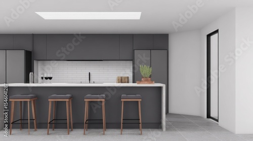 Modern minimalist kitchen with gray matte cabinetry, white subway tile backsplash, long white countertop, wooden bar stools, and natural light from tall window.