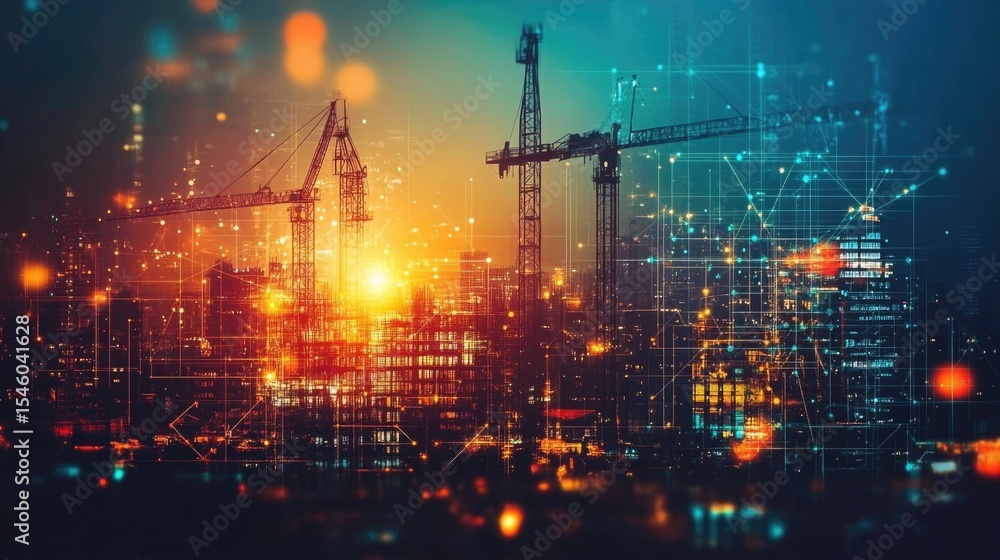 Fototapeta premium Urban Development and Real Estate Projects with Cranes and Smart Technology, Showcasing the Role of Digital Tools and Modern Machinery in Building Smart Cities