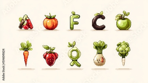 Pixelated vegetables arranged on a white background, representing fruit and root crops.
