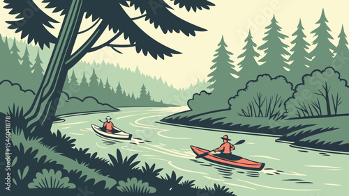 Two kayakers paddling on a river surrounded by trees and foliage on a calm day in a natural setting
