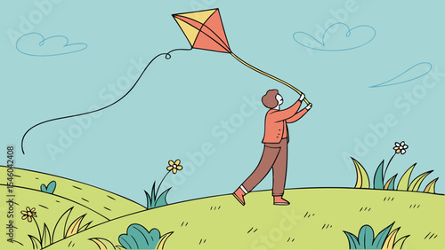 Person flying a kite on a grassy hill with flowers and clouds in the sky on a bright sunny day outside