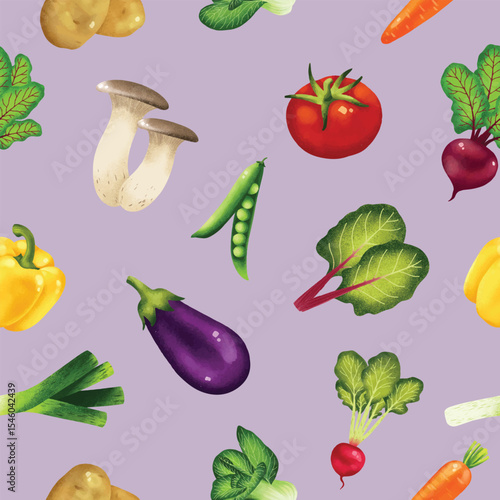 Seamless pattern of watercolor vegetables on pastel background. Ideal for food packaging, eco branding, textile prints, wallpaper, and organic product labels.