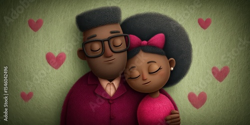 A joyful representation of a loving couple embraced in a tender moment surrounded by heart symbols and soft textures showcasing affection and connection in a vibrant illustrated style