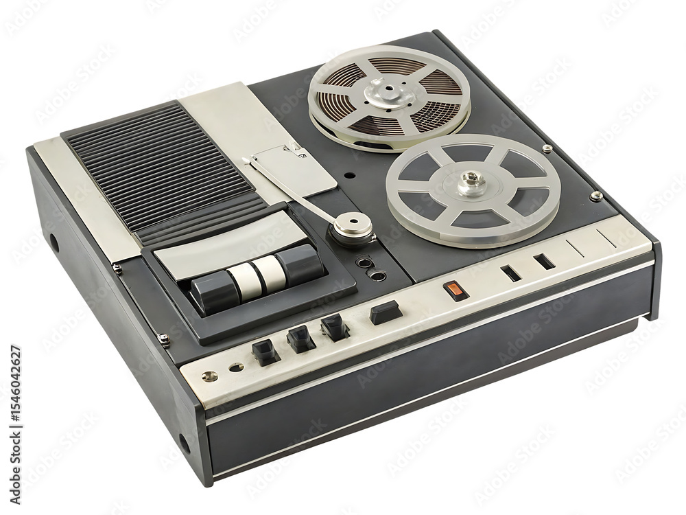 Fototapeta premium Vintage reel to reel tape recorder isolated on a white background