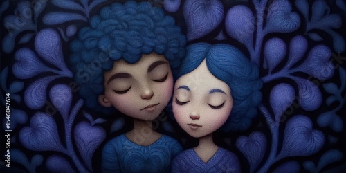 Portrait of diverse individuals expressing tenderness and connection surrounded by an intricate pattern of hearts and floral elements conveying unity and emotional depth