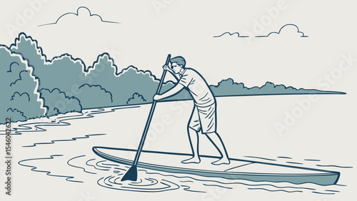Man standing on paddleboard using an oar in the water with trees and clouds in the background scene