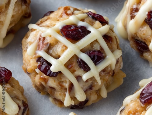 Deliciously crafted sweet treats featuring granola, cranberries, and creamy drizzled chocolate creating a perfect blend of flavors and textures appealing to dessert lovers and food enthusiasts