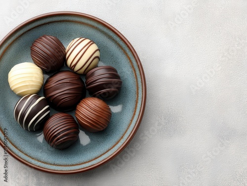 Assorted gourmet chocolate truffles displayed on a textured blue ceramic plate showcasing rich dark chocolate and creamy white chocolate for an indulgent culinary experience