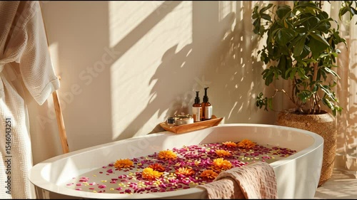 Bright & Airy Bathroom Scene: Freestanding Bathtub, Sunlight Streaming In, Modern Design, Relaxing Spa Ambiance