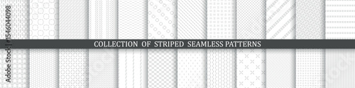 Collection of seamless geometric minimalistic patterns - white and gray design. Abstract simple unusual monochrome backgrounds. Delicate prints with symbols. Dash endless textures