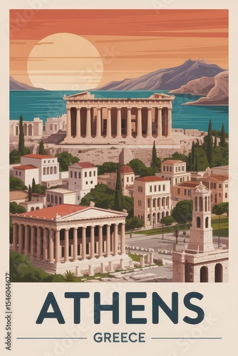 Vintage Travel Poster of the Acropolis and Parthenon in Athens, Greece

