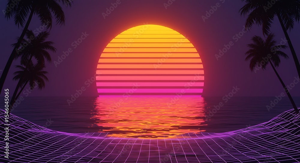 Naklejka premium Retro 80s Synthwave Sunset: Palm Trees and Ocean Reflecting Vibrant Colors