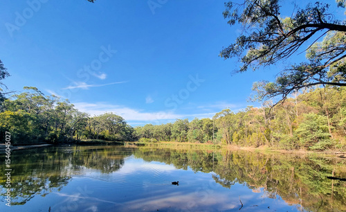 A lake surrounded by trees on the Edward Hunter Bush Reserve Moe Victoria. Reflections of the trees can be seen on the water.