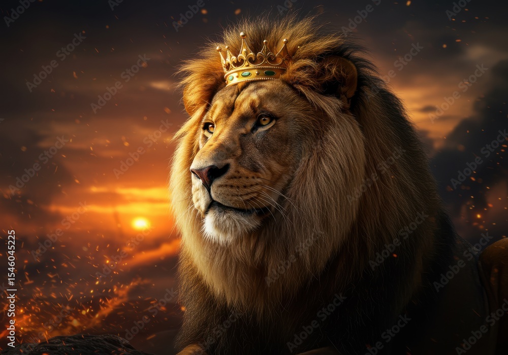 Fototapeta premium Majestic lion with golden crown dramatic sunset landscape