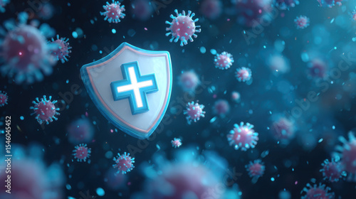 Virus protection banner with shield, cross and bacteria piked cells flying on blue background. Anti bacterial or germ defence, immune system protect medical poster.
