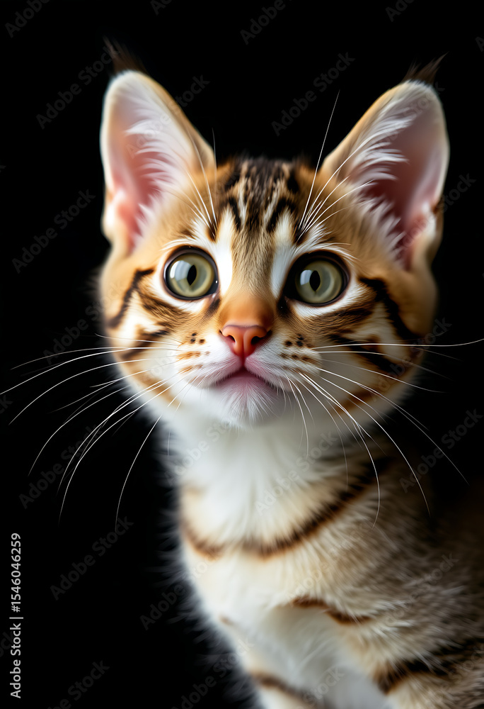 Fototapeta premium Adorable tabby kitten portrait against black background, curious expression, soft fur, green eyes