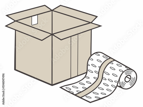Cardboard box and bubble wrap for packaging, isolated on a light background, copy space