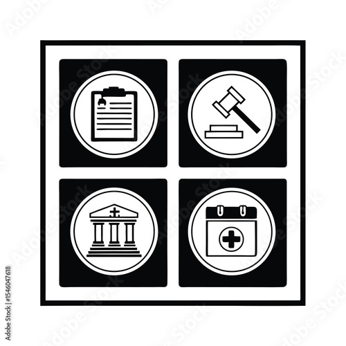 Black and White Icon Set Representing Law Medicine and Documentation