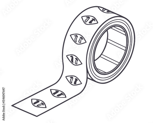 Outline illustration of packing tape with icons, isolated on a white background, copy space