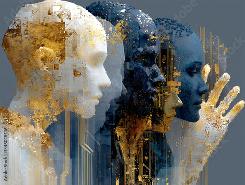 Abstract representation of AI-human collaboration: translucent geometric hands merging with circuit board patterns, gold accents, dark blue background, surreal digital art. Illustrated with AI.