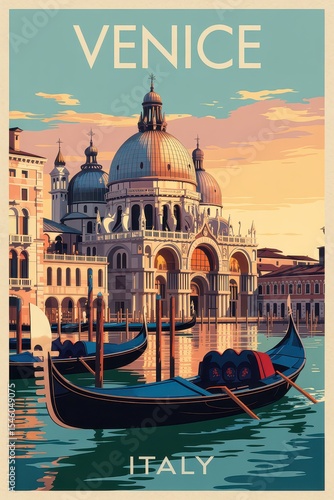 Vintage Travel Poster of Venice Grand Canal and Gondolas at Sunset, Italy