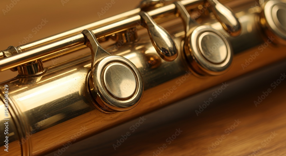 Naklejka premium Golden Flute Close-up: Musical Instrument Detail