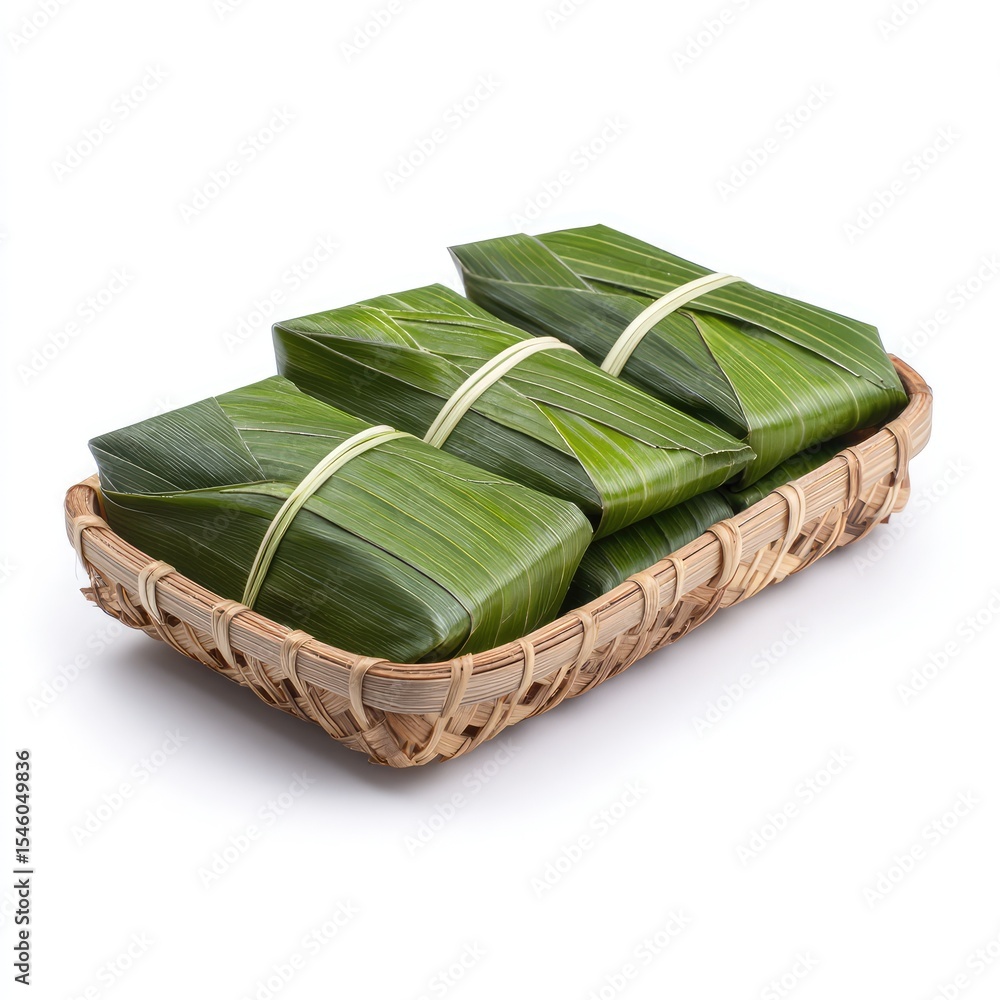 Obraz premium Traditional Asian Sticky Rice Packages Wrapped in Green Leaves Presented in a Bamboo Basket for Cultural Feast and Culinary Experience