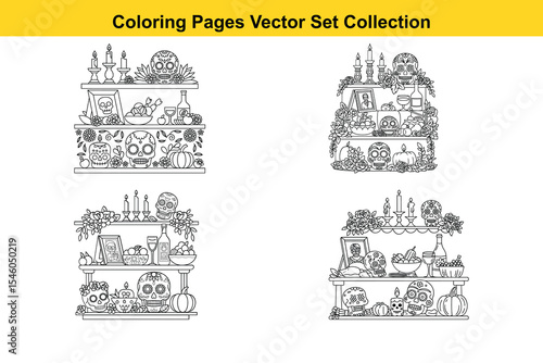 Halloween Spooky Shelf Decor Coloring Pages Vector Art Set