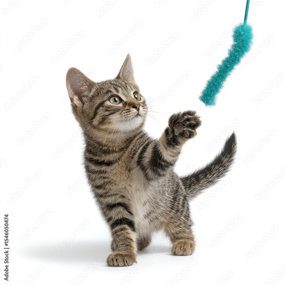 Fototapeta premium Playful Grey Tabby Kitten Engaging with a Colorful Toy, Capturing the Joyful Spirit of Feline Playtime and Curiosity in a Bright Indoor Setting