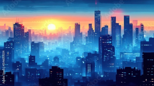 Vibrant Cityscape at Sunrise with Blue and Orange Sky Colors