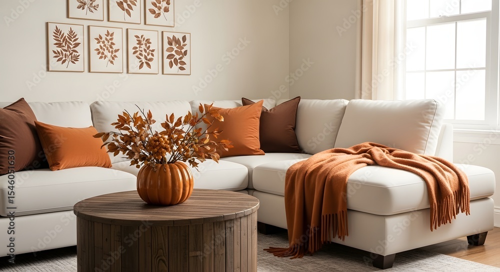 Living room with white sectional couch and orange accents in a cozy autumn themed interior design Living room with white sectional couch and orange accents in a cozy autumn themed interior design