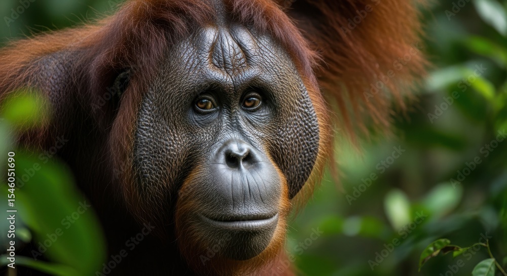 Fototapeta premium Orangutan portrait close up of primate in lush foliage