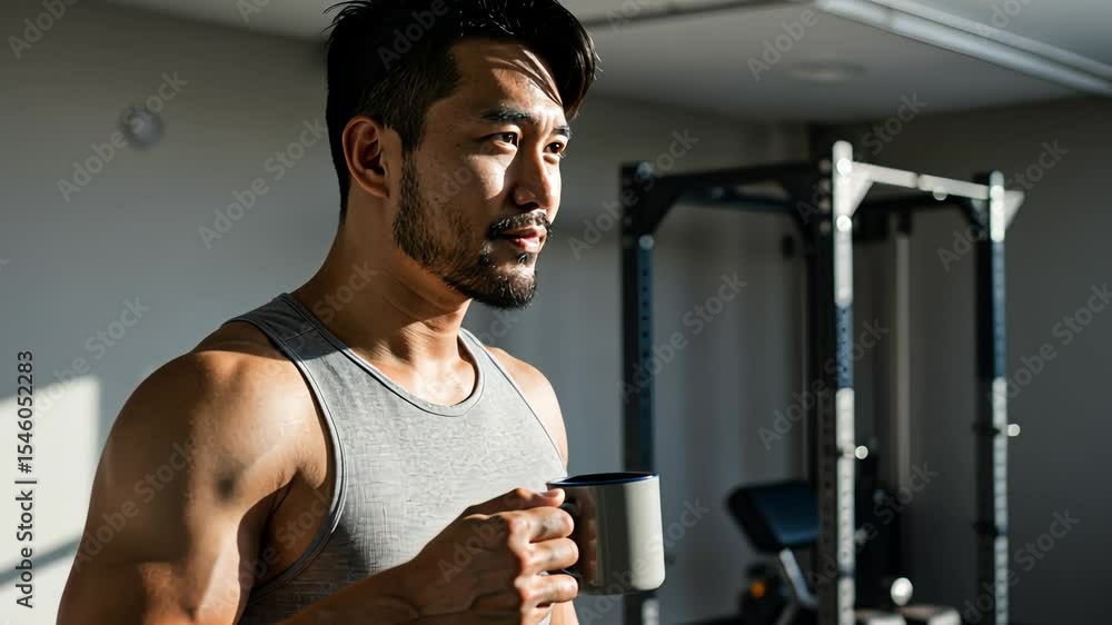 Asian man standing in gym and holding coffee mug. Post-workout relaxation and refreshment. Fitness, healthy lifestyle, and wellness concept. Footage.