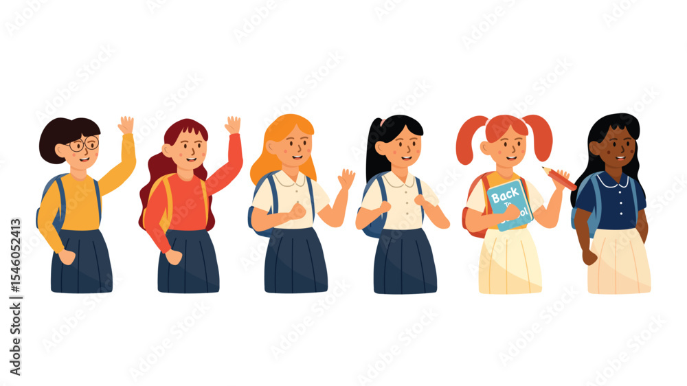 Fototapeta premium A group of six girls in uniform happily waving and holding school items