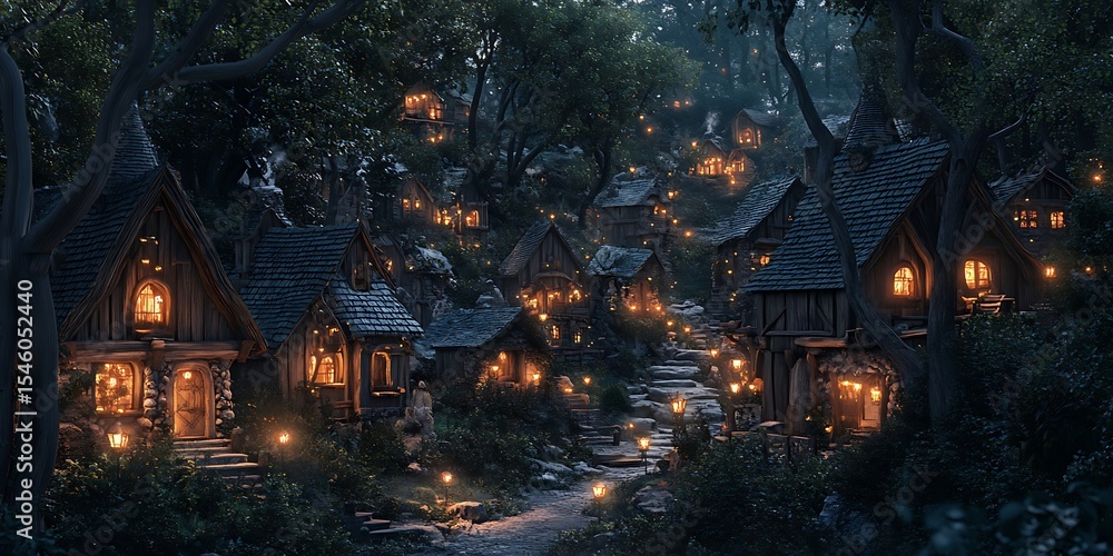 Fototapeta premium Enchanted Winter Village A Nighttime Scene