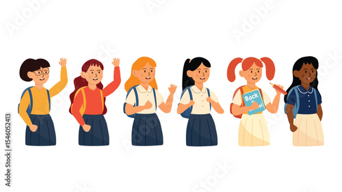 A group of six girls in uniform happily waving and holding school items
