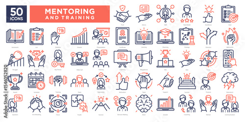 Mentoring and training icons collection set, including coaching, growth, strategy, motivation, and learning. Perfect for educational materials, business training, and leadership development.