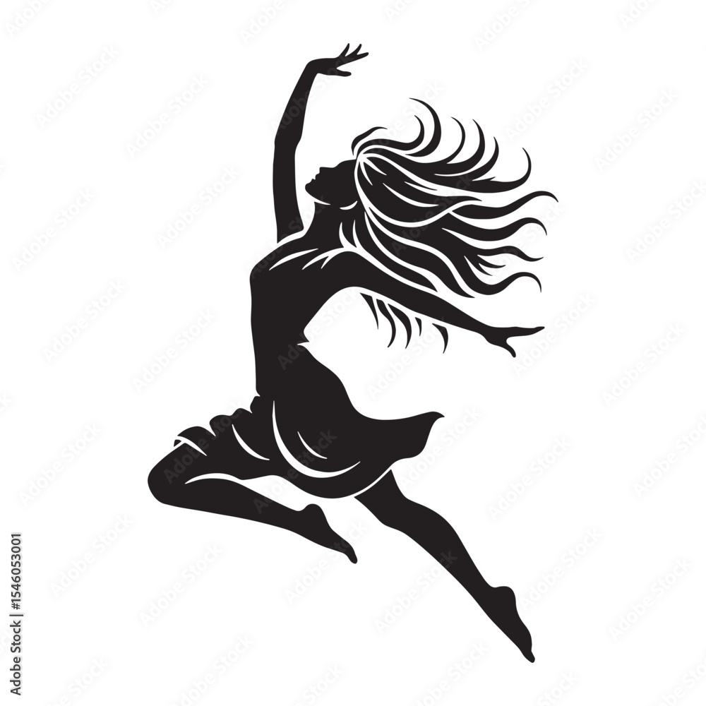 Fototapeta premium Vibrant woman jumping demonstrating an enthusiastic leap and lively motion - woman jumping silhouette - woman jumping Vector - Silhouette of woman jumping 