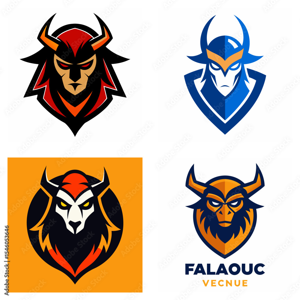 Illustration showing four different horned warrior mascot logos with various color schemes and designs Illustration showing four different horned warrior mascot logos with various color schemes and designs