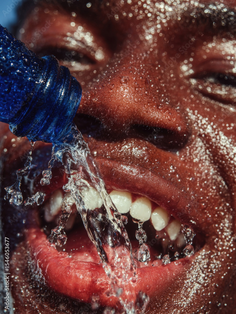Obraz premium Refreshing Burst: Hydration in Action A Close Up of a Man Face as Cool Water Splashes Over Him from a Vibrant Blue Bottle, Capturing the Essence of Thirst Quenching and Revitalization